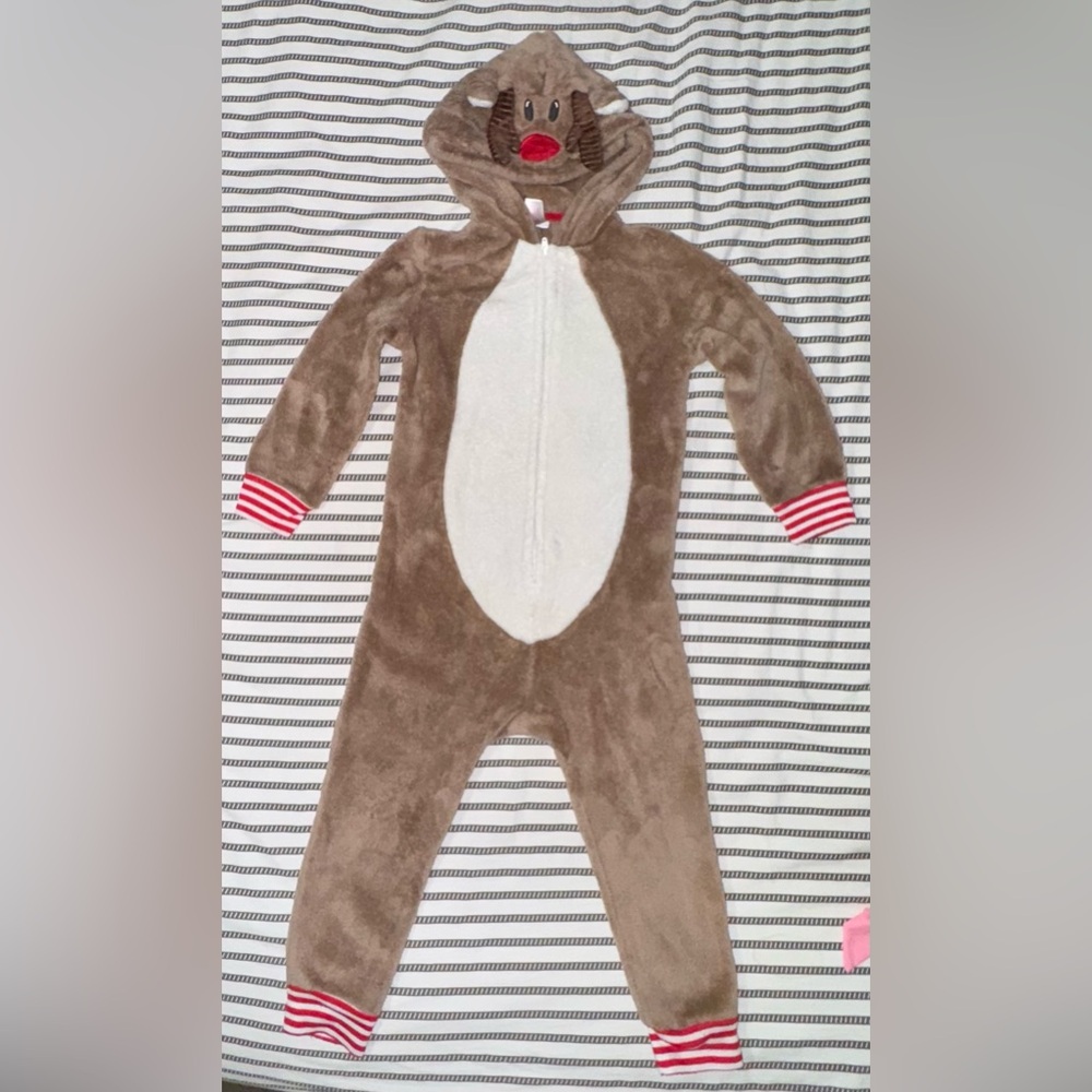 North Pole Toddler Reindeer Hooded Fleece Christmas Pajamas; Size 4T; One Piece